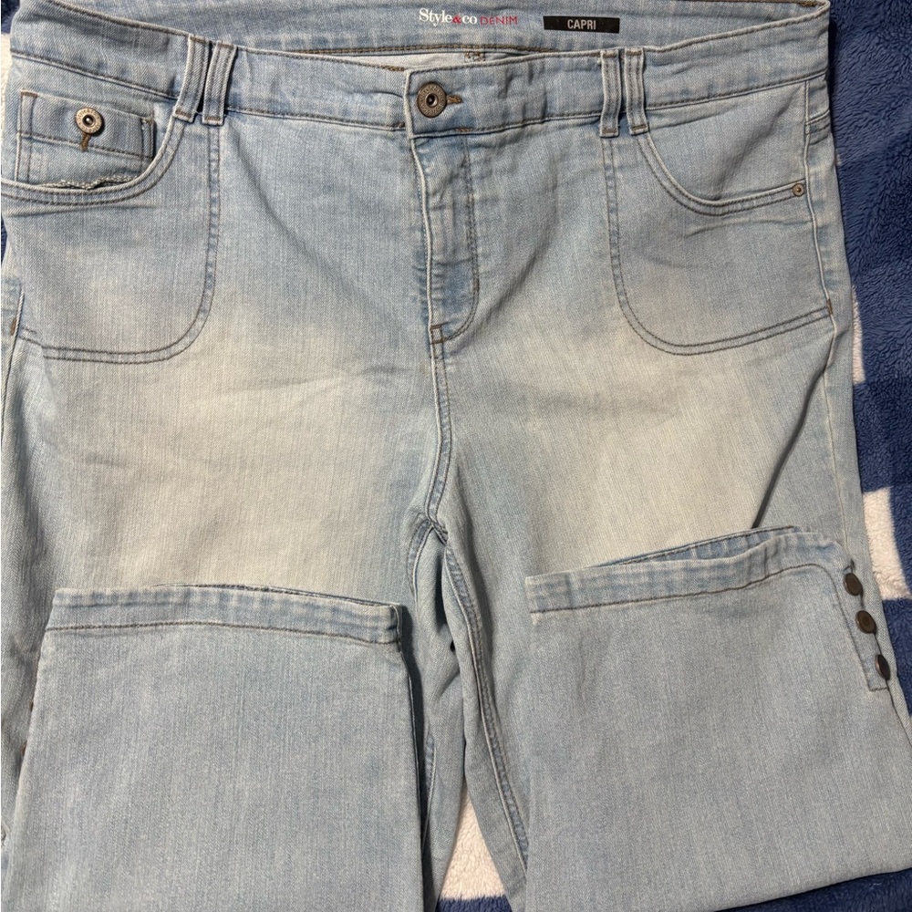 Style & Co Light Blue Denim CapriOveralls with Vintage Wash